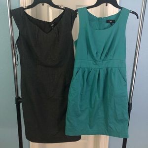 2 dresses and a button up blouse